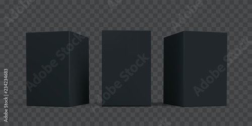 Black carton box package mock-up set. Vector isolated 3D black cardboard or paper package boxes models templates