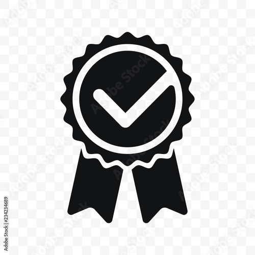 Quality check ribbon icon. Vector product certified or best choice recommended award and warranty check approved certificate mark label