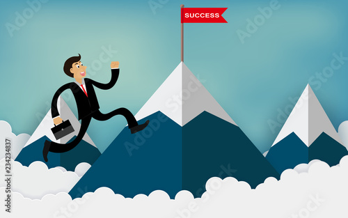 One businessman run up to the mountain go to red flag with success message. To be one of the highest achievers. concept of business advancement and higher success and leadership in the highest