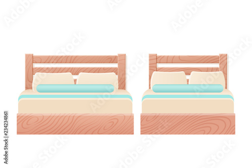 Bed. Vector. Double single wooden beds in flat design for bedroom, hotel room. Cartoon set isolated on white background. Furniture icon. Animated house equipment.