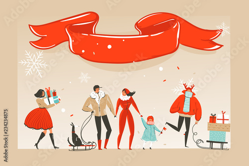 Hand drawn vector abstract fun Merry Christmas time cartoon illustration greeting card with happy xmas market people and red ribbon with copy space place isolated on craft background