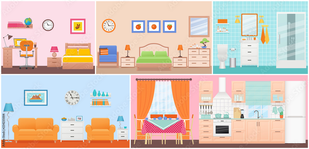 Room interiors. Vector. Living room, bedroom, bathroom, nursery, dining, kitchen in flat design. Home inside. Cartoon domestic apartment with window. House hotel equipment, furniture. Set illustration