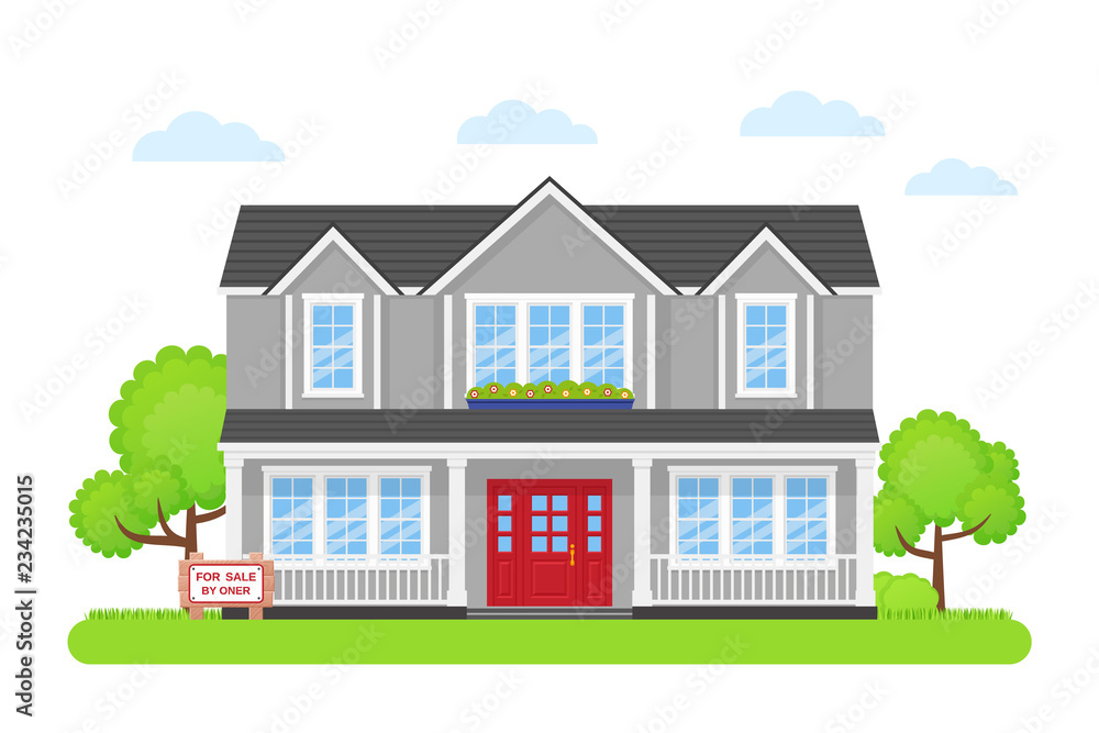 House for sale. Vector. Home building exterior with wooden board sale sign. Advertising banner retail estate of residential property. Cottage facade, garden yard in flat design Cartoon illustration.