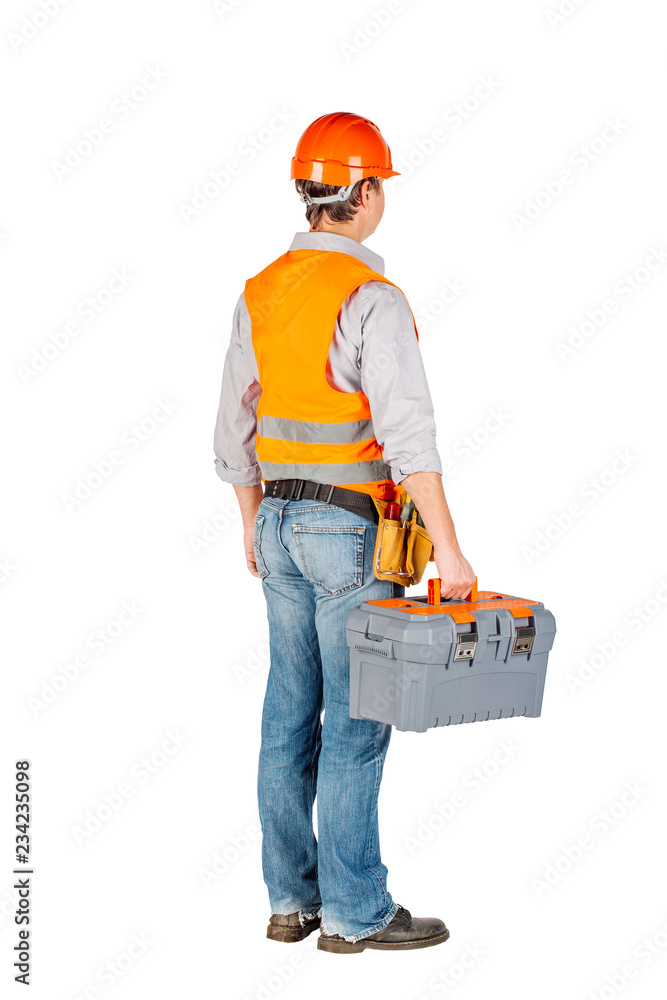 builder with toolbox and looking at camera builder with toolbox and looking at camera