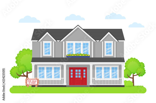 House for sale. Vector. Home building exterior with wooden board sale sign. Advertising banner retail estate of residential property. Cottage facade, garden yard in flat design Cartoon illustration.