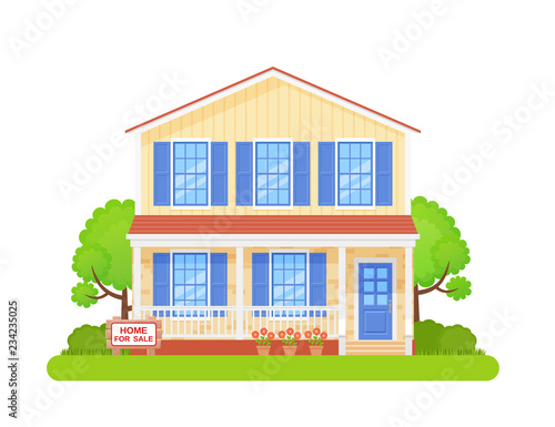 House sale sign. Vector. Home building exterior with sale wooden board. Advertising banner retail estate of residential property. Cottage facade, garden yard in flat design Cartoon illustration.
