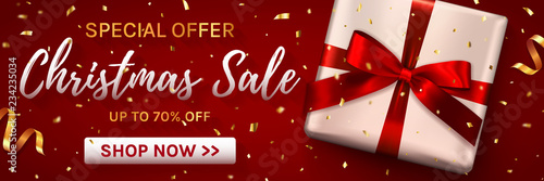 Christmas sale web banner. Template for holiday discounts. Elegant design with gift box and gold confetti. Vector illustration.