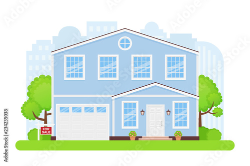 House sale sign. Vector. Home building with sale red white board. Advertising banner retail estate of residential property. Cottage facade, cityscape, garden yard in flat design. Cartoon illustration