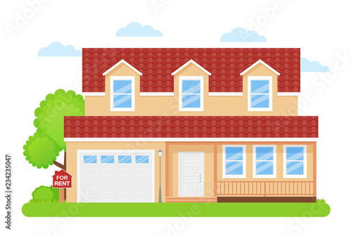 House rent sign. Vector. Rent sale wooden board with home building. Advertising banner retail estate of residential property. Cottage facade, exterior garden yard in flat design. Cartoon illustration