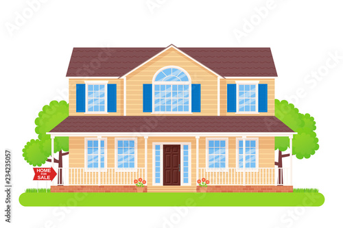 House sale sign. Vector. Advertising banner retail estate of residential property. Sale red pointer board with home building. Cottage facade, exterior garden yard in flat design. Cartoon illustration