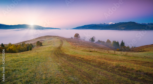 The road in a mountains to the foggy valley