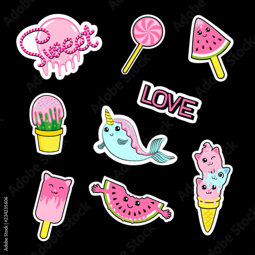 Fashion patch stickers badges with candies, watermelon, love, cactus, seal, ice cream, kittens, cats, eyes and other. Very large set of girlish and boyish stickers, patches in cartoon isolated