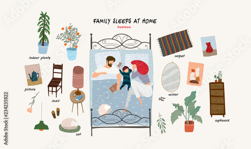 set of isolated flat vector illustrations of sleeping happy family with a child at home in bed and objects of interior and furniture in a bedroom in an apartment