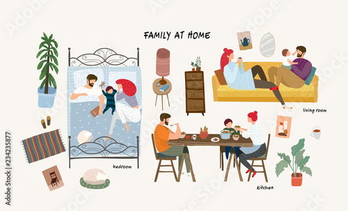 Set of cute vector illustrations of people in everyday life, happy family at home resting in the living room on the sofa, sleeping in the bedroom, eating in the kitchen, isolated objects of furniture 