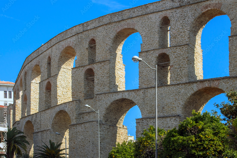Aqueduct - Medieval Water Supply, one of the main landmarks of the eastern-city of Kavala, Greece.