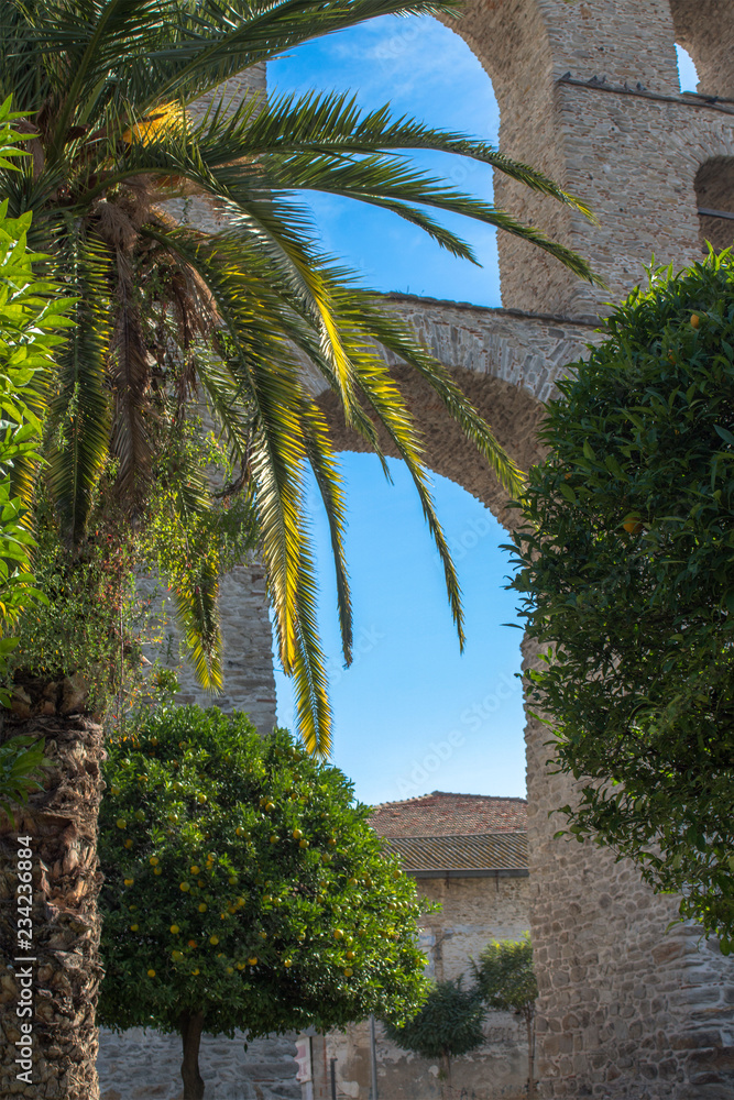 Palm trees and citrus trees in the background of a detail of Aqueduct - a medieval waterworks, one of the main landmarks of the eastern-city of Kavala, Greece.