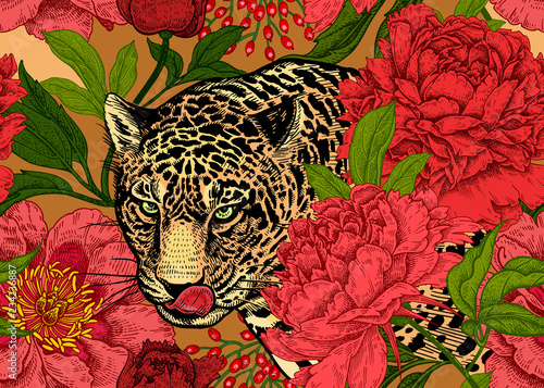 Seamless floral pattern with Leopard and peonies.