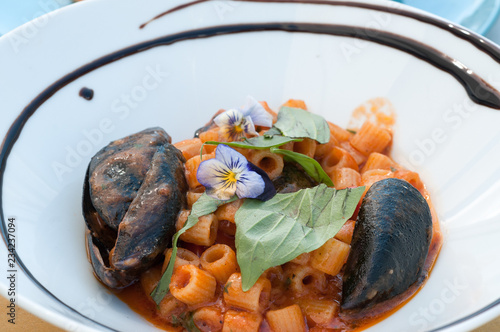 italian pasta ditalini with black mussels photo