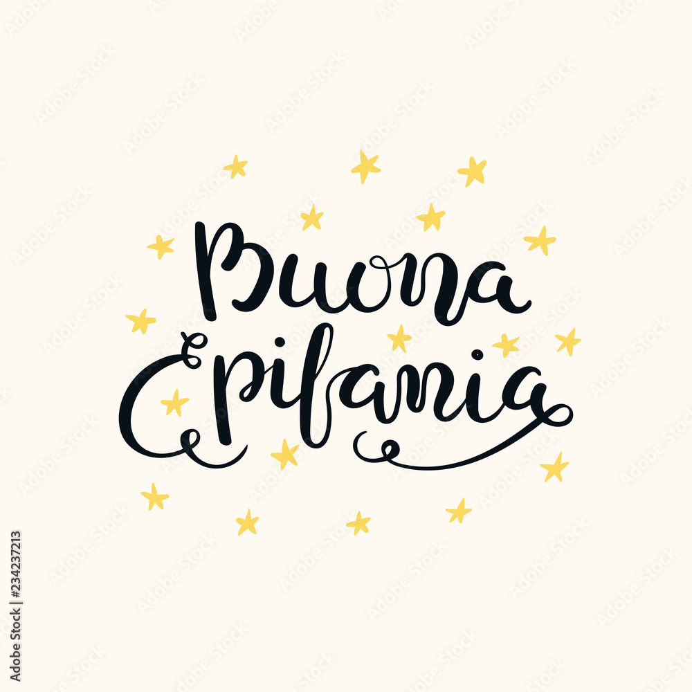 Hand written calligraphic Italian lettering quote Buona Epifania, Happy Epiphany, stars. Isolated objects on white background. Hand drawn vector illustration. Design concept, element for card, banner.
