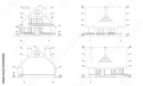 Set of private house facades, detailed architectural technical drawing, vector blueprint