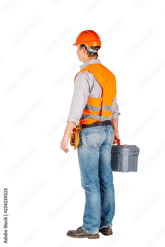builder with toolbox and looking at camera builder with toolbox and looking at camera