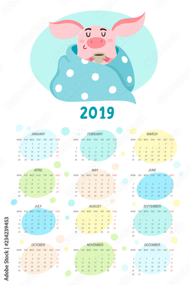 Obraz premium Cute calendar with cartoon pig, New Year 2019.