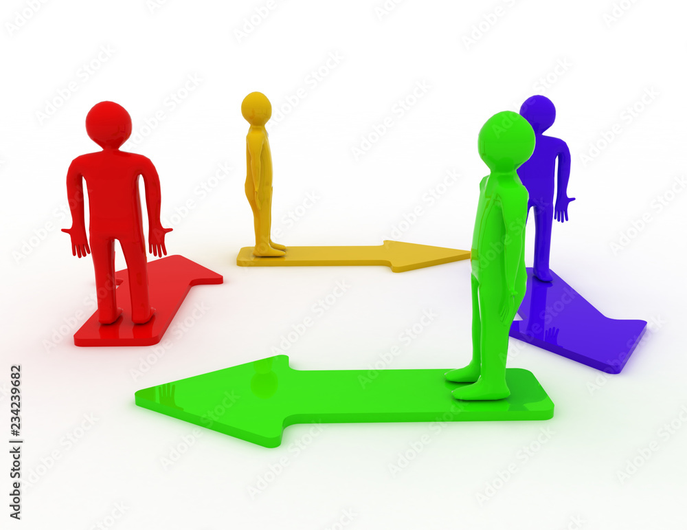 People Standing On Color Arrows . 3d rendered illustration People Standing On Color Arrows . 3d rendered illustration