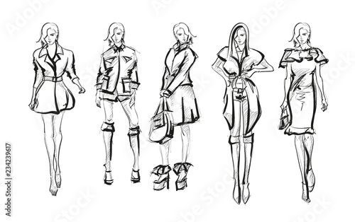 Sketch. Fashion Girls on a white background. Vector illustration