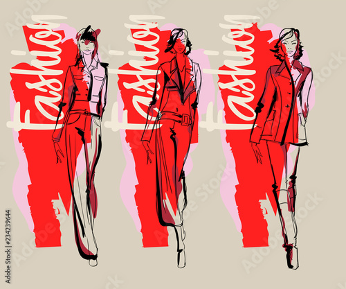 Sketch. Fashion Girls on a white background. Vector illustration