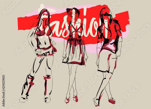Sketch. Fashion Girls on a white background. Vector illustration