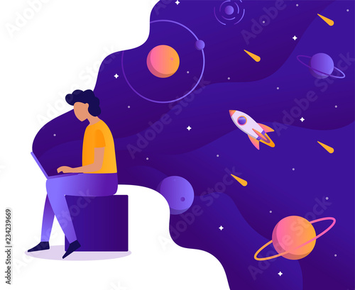 A man works at a laptop in which space. Web development business concept. Creativity, programming, creation of new websites and applications.  Flat vector illustration.