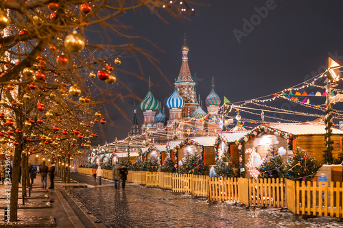 Saint Basil`s Cathedral Moscow. Red square decoration for New Year.