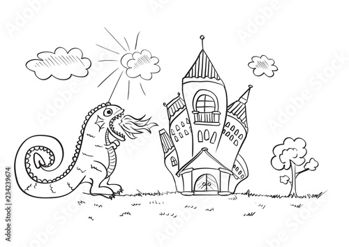Children's drawing with a fire-breathing dragon attacking the castle. Vector sketches with characters of fairy-tales.