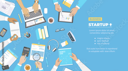 Businessman team discuss project startup, investment, financial planning, agreement, analysis data, realization, success. Documents, graphics, business guide, report.  Top view of people hands. Vector