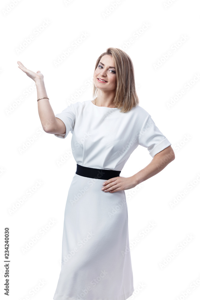 nice pretty girl woman wearing white dress is on the white background offering advertising