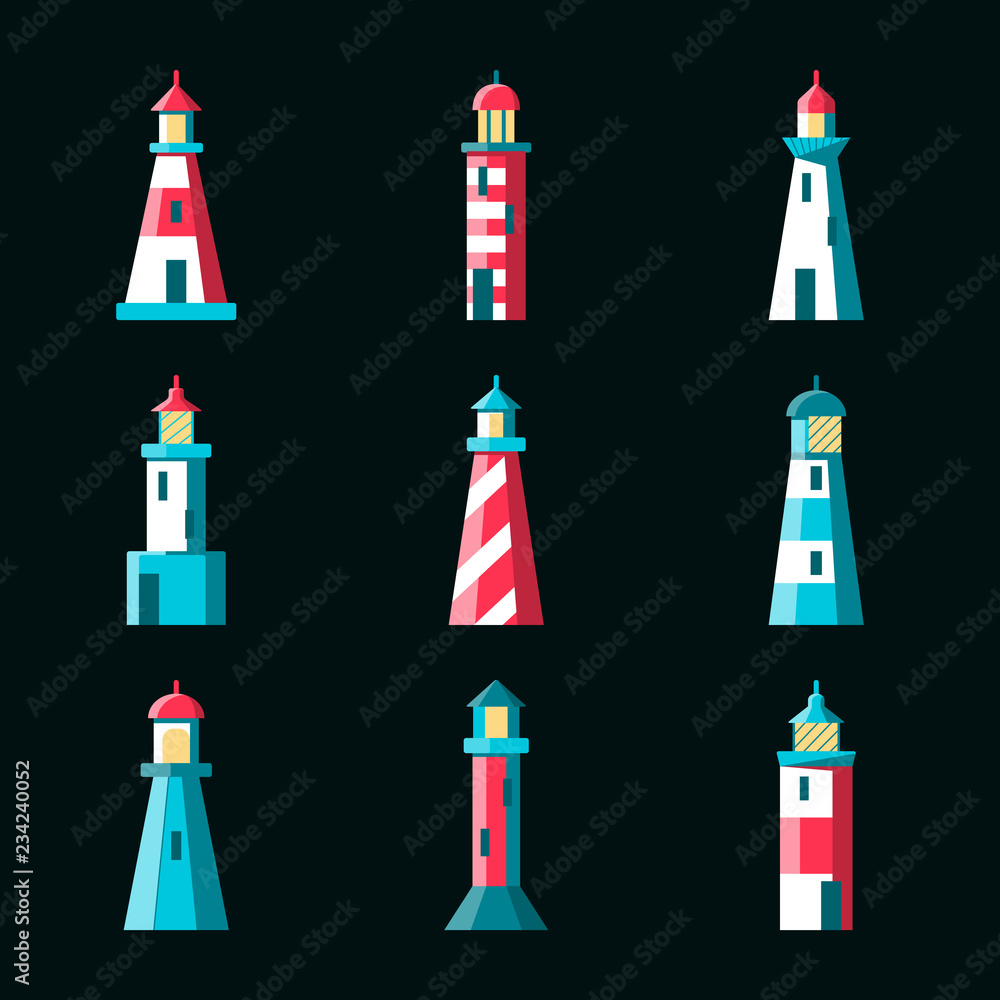Marine collection of lighthouse icons in flat style Marine collection of lighthouse icons in flat style