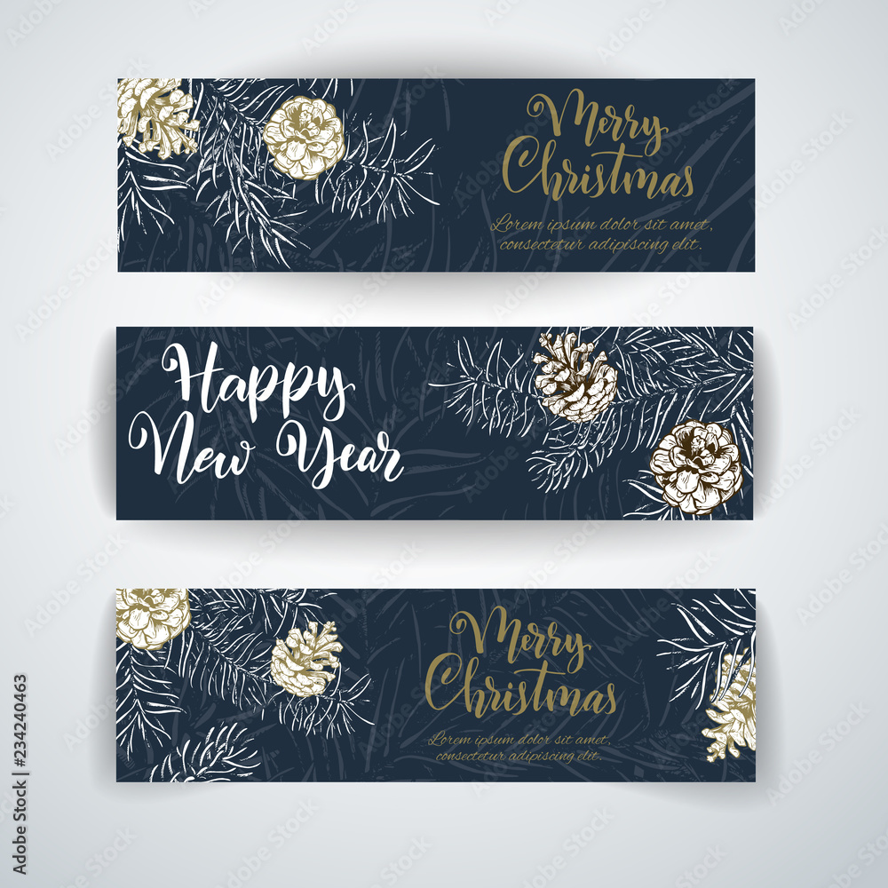 Fototapeta premium Christmas sketch hand drawn illustration with pine tree branches and cones. Vector illustration for your design.