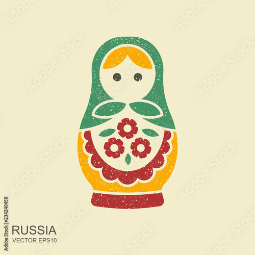 Russian traditional doll souvenir - matryoshka. Flat icon with scuffed effect