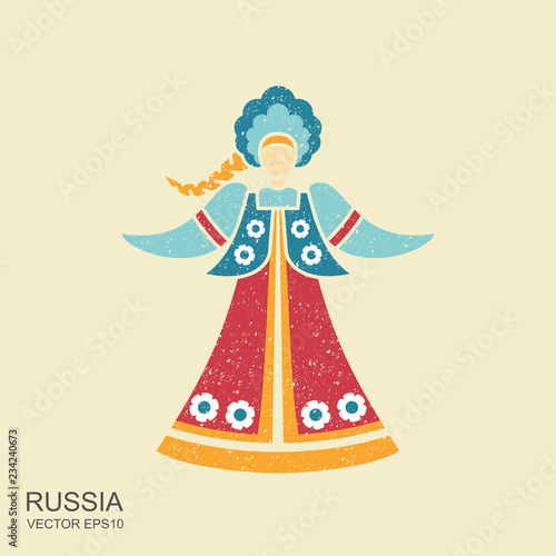 Russian girl in national dress with a long plait. Flat icon with scuffed effect