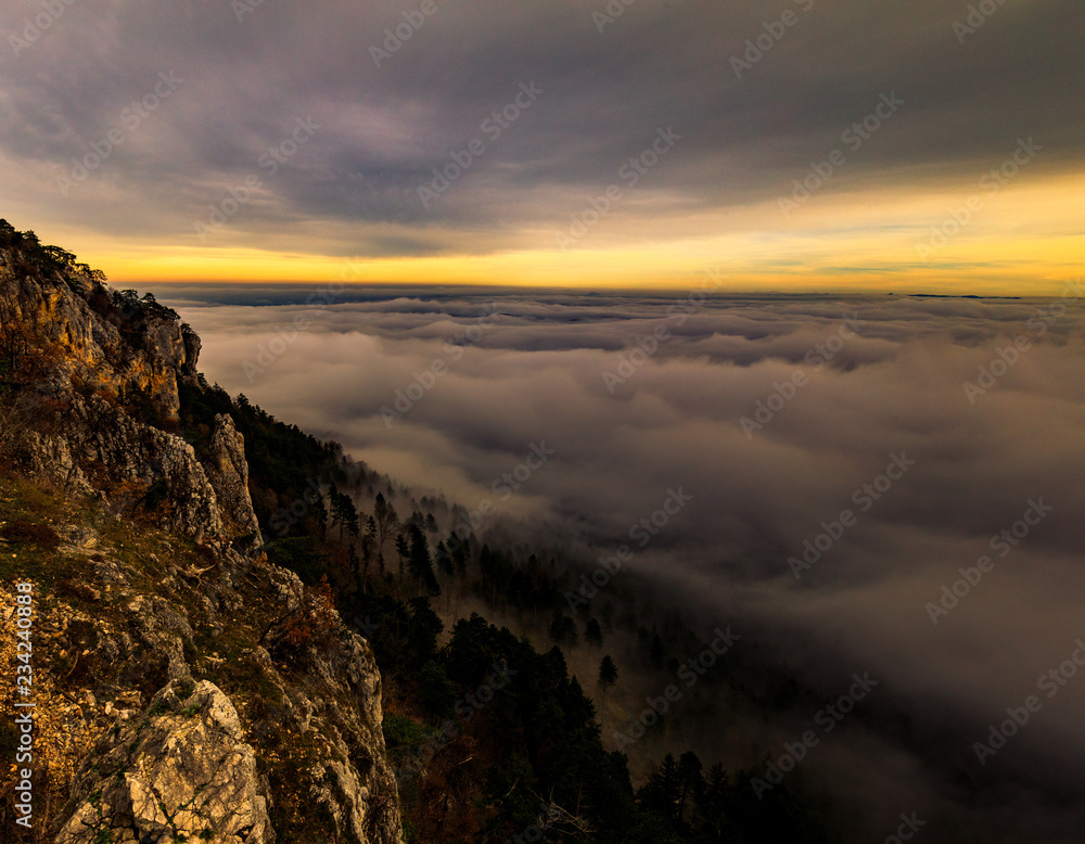 beuatiful landscape of the mountain at Hohe Wand in front of with sea of fog in Austria.