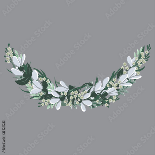vector drawings of halfround wreath with leaves and bellflowers, floral frame