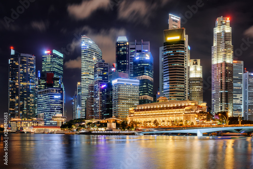 Night view of skyscrapers and old colonial building of Singapore