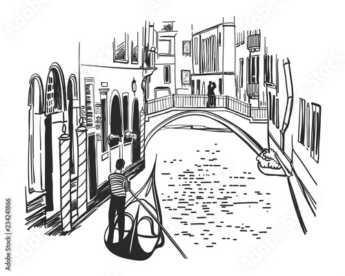 Venice hand drawn illustration. Floating gondola with gondolier on canal.