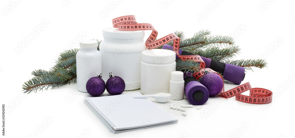 Sports nutrition and Christmas decorations. Sports nutrition and Christmas decorations.