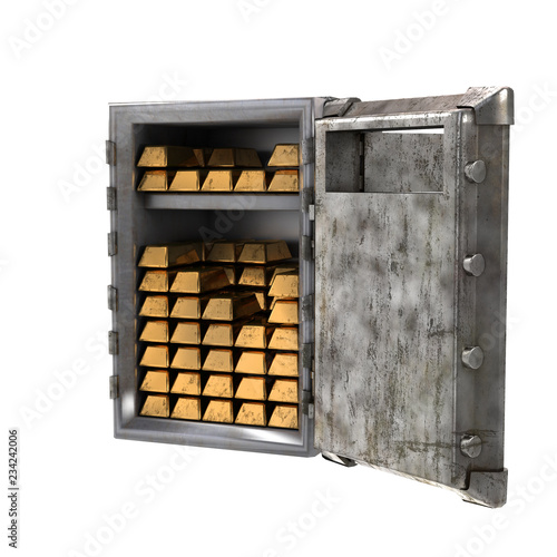 Old open safe with gold bars on an isolated white background. 3d illustration