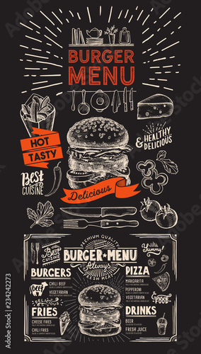 Burger restaurant menu on chalkboard background. Vector food flyer for bar and cafe. Design template with vintage hand-drawn illustrations.