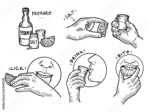 Tequila how to drink instructions engraving vector illustration. Scratch board style imitation. Black and white hand drawn image.