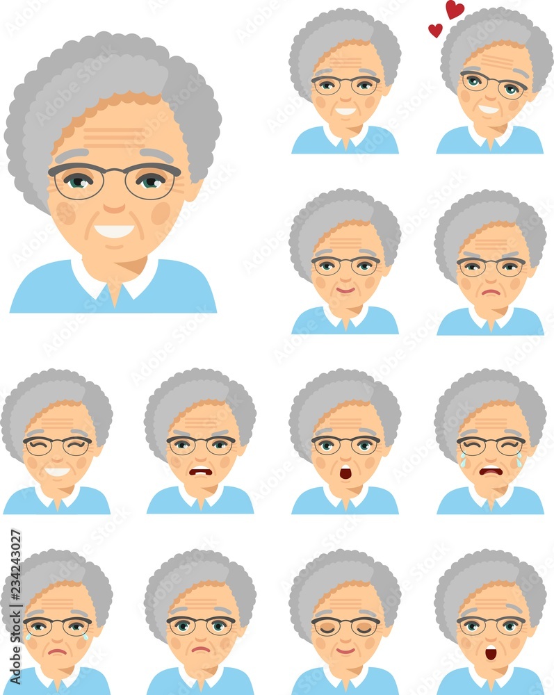 Set of different european avatar old women in colorful flat style. Collection of various emotion expression avatar age female happy, angry, sad, funny. Set of different european avatar old women in colorful flat style. Collection of various emotion expression avatar age female happy, angry, sad, funny.