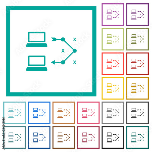 Traceroute remote computer flat color icons with quadrant frames
