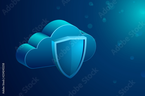 Cloud storage and shield sign, data protection concept. Isometric vector illustration on abstract blue background.